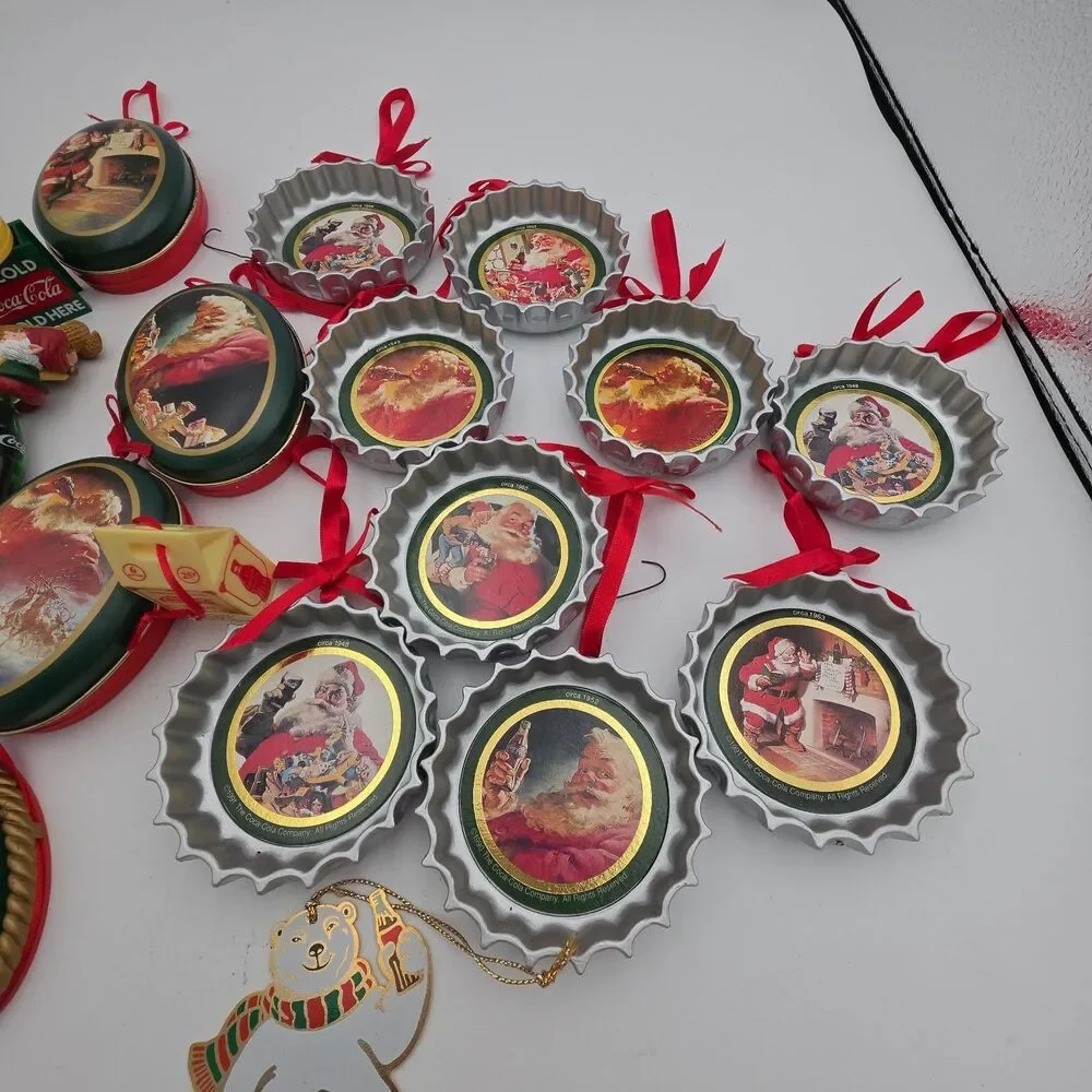 Lot of 23 Vintage Coca-Cola Christmas Ornaments Santa Bottle Cap Oval Coke Holid